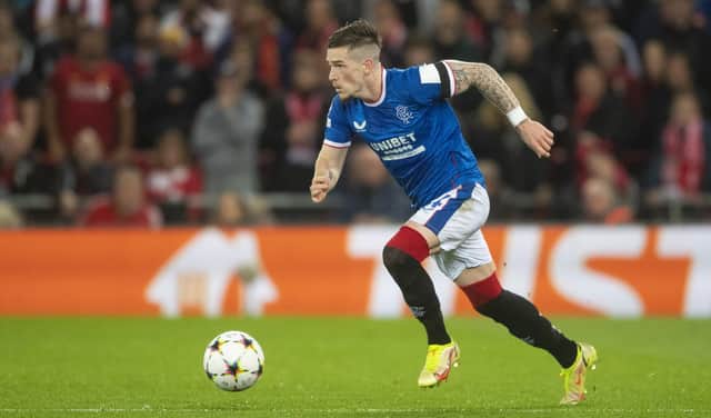 Ryan Kent in action for Rangers during a UEFA Champions League match between Liverpool and Rangers at Anfield, on October 04, 2022, in Liverpool, England. (Photo by Ross MacDonald / SNS Group)