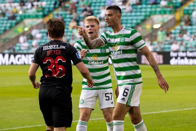 Celtic's Nir Bitton is red carded for an altercation with Anders Dreyer.