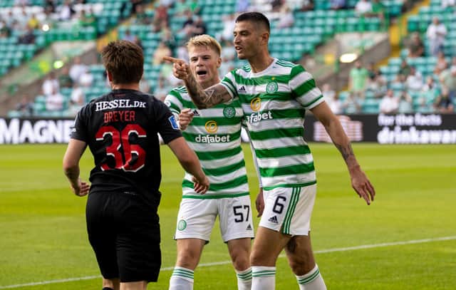 Celtic's Nir Bitton is red carded for an altercation with Anders Dreyer.