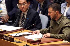 Volodymyr Zelensky speaks to the U.N. Security Council (Photo by Spencer Platt/Getty Images)