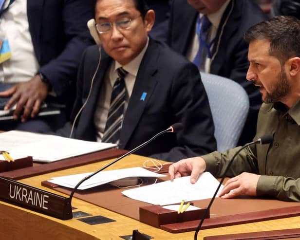 Volodymyr Zelensky speaks to the U.N. Security Council (Photo by Spencer Platt/Getty Images)