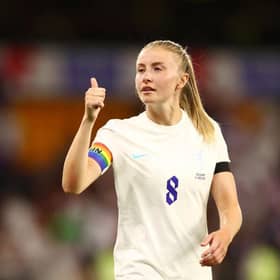 Leah Williamson of England shows appreciation to the fans following the Women's International friendly match between England and Belgium at Molineux last Friday. (Photo by Naomi Baker/Getty Images)