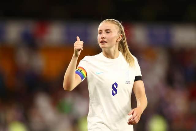 Leah Williamson of England shows appreciation to the fans following the Women's International friendly match between England and Belgium at Molineux last Friday. (Photo by Naomi Baker/Getty Images)