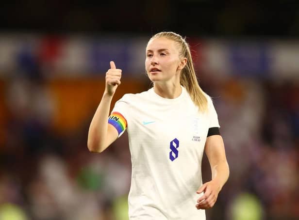 Leah Williamson of England shows appreciation to the fans following the Women's International friendly match between England and Belgium at Molineux last Friday. (Photo by Naomi Baker/Getty Images)