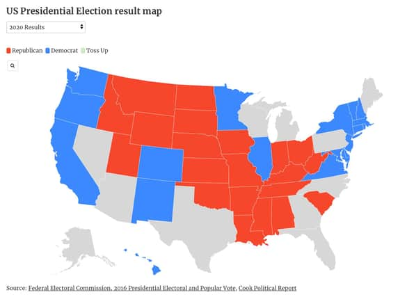 The states of play at 5.30am: compare this year's results to 2020 predictions and 2016's results through our interactive results map