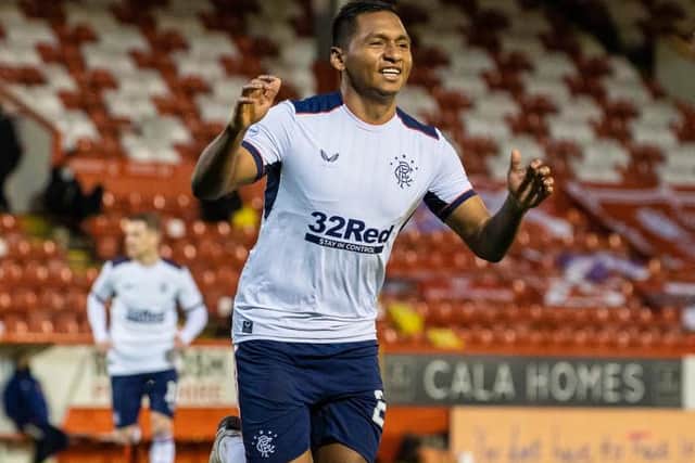 Alfredo Morelos celebrates his second goal in Rangers' 2-1 win over Aberdeen at Pittodrie. (Photo by Alan Harvey / SNS Group)