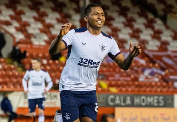 Alfredo Morelos celebrates his second goal in Rangers' 2-1 win over Aberdeen at Pittodrie. (Photo by Alan Harvey / SNS Group)