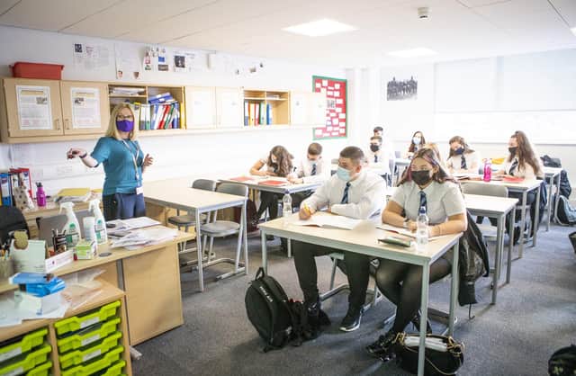 S5 and S6 pupils at St Columba's High School in Gourock, Inverclyde, wear protective face masks during history lesson while schools were open previously.