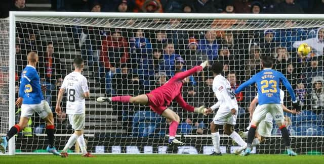 Livingston goalkeeper Max Stryjek is beaten in the 75th minute at Ibrox by a strike from Rangers substitute Scott Arfield (not in picture). (Photo by Alan Harvey / SNS Group)