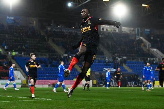 PERTH, SCOTLAND - MARCH 02: Glen Kamara celebrates after scoring to make it 1-0 during a Cinch Premiership match between St Johnstone and Rangers at McDermid Park, on March 02, in Perth, Scotland. (Photo by Rob Casey / SNS Group)