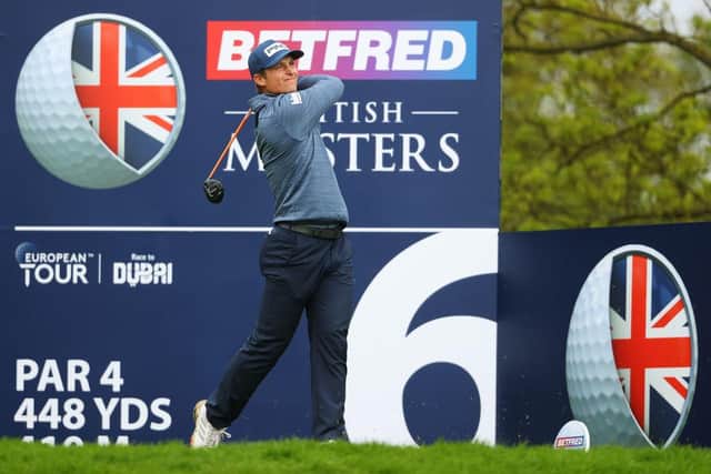 Calum Hill tees off on the sixth hole during the final round of the Betfred British Masters hosted by Danny Willett at The Belfry in Sutton Coldfield. Picture: Andrew Redington/Getty Images.