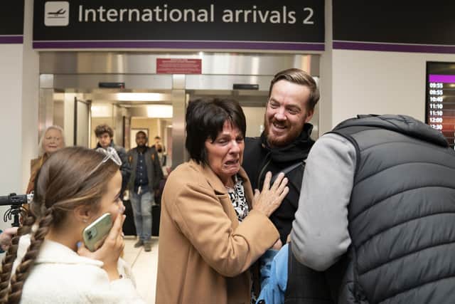 Scottish construction engineer Brian Glendinning with his mother Meta Glendinning after arriving at Edinburgh airport following his release after two months in Iraqi jail. Picture date: Saturday November 19, 2022.