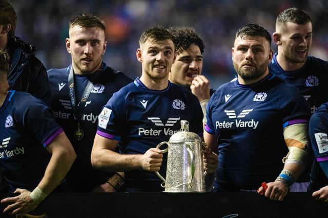 Ben White gets his hands on the Calcutta Cup at full-time. (Photo by Ross MacDonald / SNS Group)