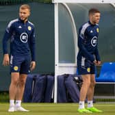 Aaron Hickey, Ryan Porteous and Ryan Christie during a Scotland training session. Photo by Craig Williamson / SNS Group