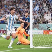 Julian Alvarez celebrates scoring his second and Argentina's third in the 3-0 win over Croatia in the World Cup semi-final. (Photo by Lars Baron/Getty Images)