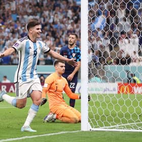 Julian Alvarez celebrates scoring his second and Argentina's third in the 3-0 win over Croatia in the World Cup semi-final. (Photo by Lars Baron/Getty Images)