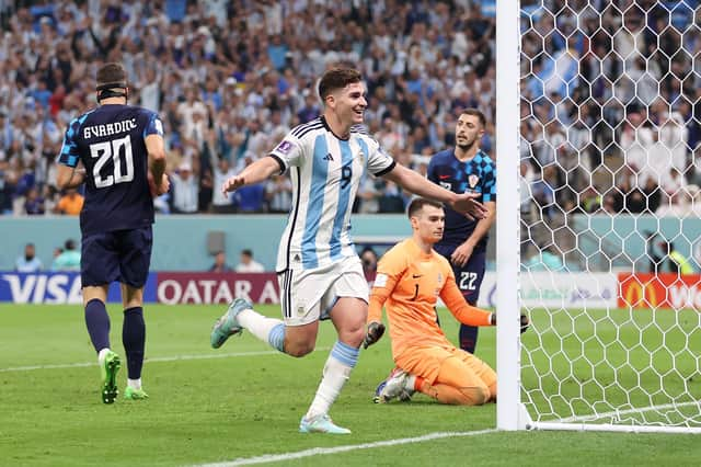 Julian Alvarez celebrates scoring his second and Argentina's third in the 3-0 win over Croatia in the World Cup semi-final. (Photo by Lars Baron/Getty Images)