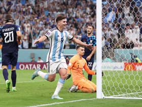 Julian Alvarez celebrates scoring his second and Argentina's third in the 3-0 win over Croatia in the World Cup semi-final. (Photo by Lars Baron/Getty Images)