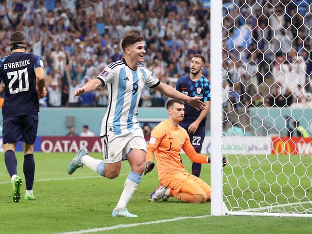 Julian Alvarez celebrates scoring his second and Argentina's third in the 3-0 win over Croatia in the World Cup semi-final. (Photo by Lars Baron/Getty Images)