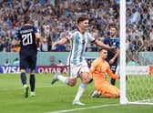 Julian Alvarez celebrates scoring his second and Argentina's third in the 3-0 win over Croatia in the World Cup semi-final. (Photo by Lars Baron/Getty Images)