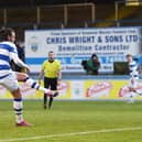 Morton striker Robbie Muirhead slots home his second goal of the night in the 3-0 win over Airdrie in the second leg of the Championship play-off final at Cappielow. (Photo by Ross MacDonald / SNS Group)