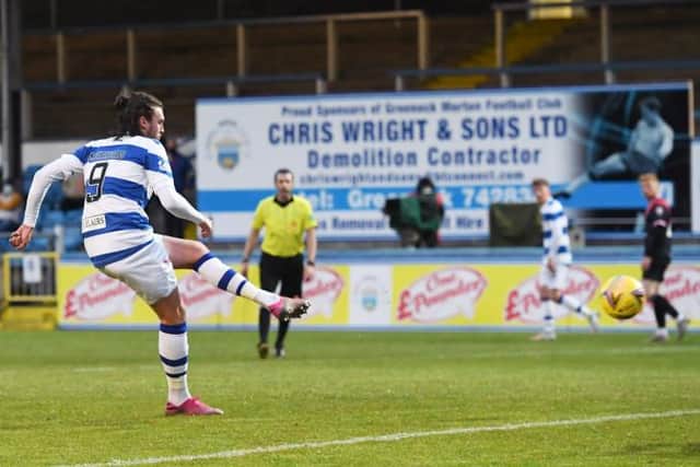 Morton striker Robbie Muirhead slots home his second goal of the night in the 3-0 win over Airdrie in the second leg of the Championship play-off final at Cappielow. (Photo by Ross MacDonald / SNS Group)