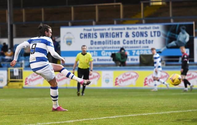 Morton striker Robbie Muirhead slots home his second goal of the night in the 3-0 win over Airdrie in the second leg of the Championship play-off final at Cappielow. (Photo by Ross MacDonald / SNS Group)