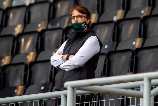 DUNDEE, SCOTLAND - AUGUST 11:  Chief Executive of Hibernian Leeann Dempster during a Scottish Premiership match between Dundee United and Hibernian at Tannadice Park on August 11, 2020, in Dundee, Scotland. 
(Mark Scates / SNS Group)