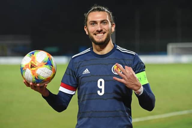 Fraser Hornby celebrates scoring a hat-trick for Scotland under-21’s.