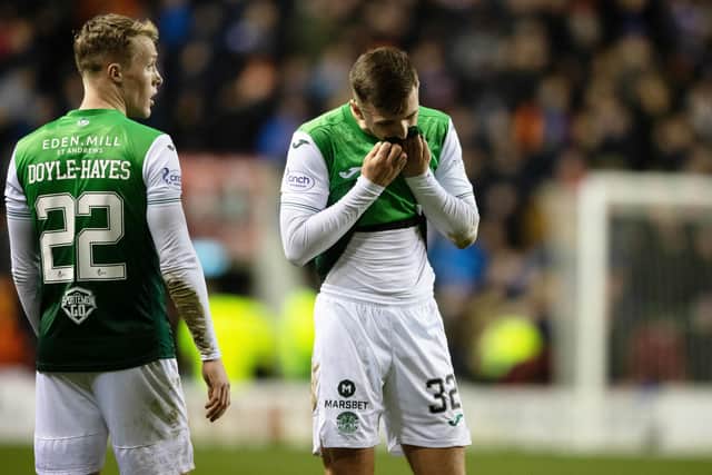 Hibs' Josh Campbell is left frustrated during a Cinch Premiership match between Hibernian and Rangers at Easter Road, on December 01, 2021, in Edinburgh, Scotland.  (Photo by Craig Foy / SNS Group)