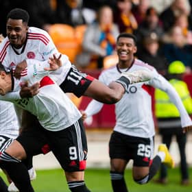 Aberdeen's Bojan Miovski (C) celebrates scoring the opener in the 2-1 win over Motherwell. (Photo by Craig Foy / SNS Group)