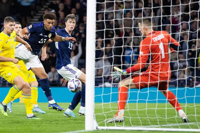 Scotland's Che Adams sees a second half header saved during the 3-0 win over Ukraine at Hampden.  (Photo by Craig Williamson / SNS Group)