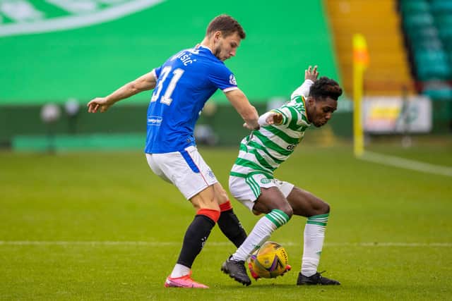 Rangers' Borna Barisic battles with Celtic's Jeremie Frimpong during the Old Firm clash. Pic: Craig Williamson / SNS Group
