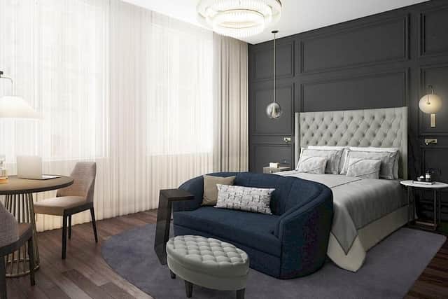 A bedroom at the newly-opened luxury LaSalle Chicago on South LaSalle Street, a boutique Marriott hotel with lashings of style.