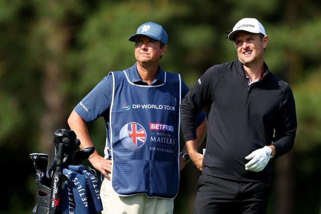 Justin Rose and his caddie look on from the 13th fairway during day one of the Betfred British Masters hosted by Sir Nick Faldo 2023 at The Belfry. Picture: Andrew Redington/Getty Images.