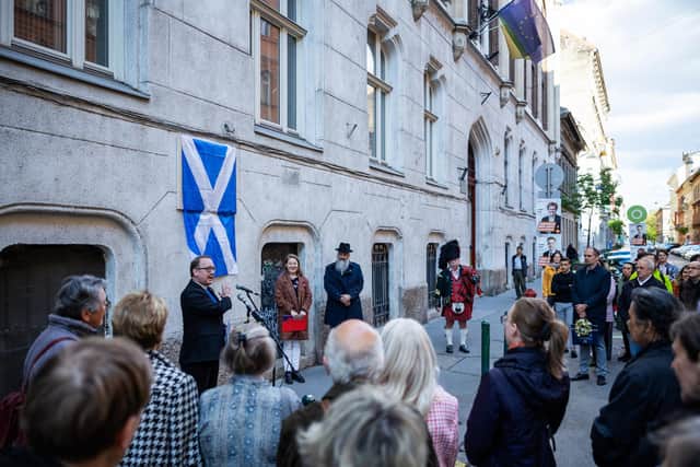 The Jane Haining memorials being unveiled during a ceremony outside St. Columba's Church of Scotland in Budapest. Photo: Barta Bálint/Church of Scotland/PA Wire