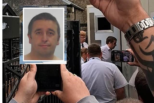 David Graham being led into a prison van at Kirkcaldy Sheriff Court, and (inset) his police photo (Pics: Submitted)