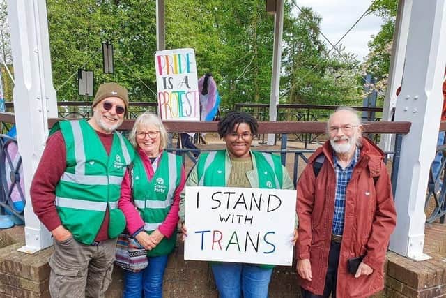 As thousands of trans rights protesters took to the streets of major towns and cities across the UK on Saturday, a group of activists and allies gathered in Telford town park in a show of solidarity after the recent supreme court ruling. Photo: Telford and Wrekin Green Party