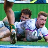 Stuart Hogg notches his second try of the match, which drew him level with Ian Smith and Tony Stanger on the all-time list for Scotland try-scorers.  (Photo by Craig Williamson / SNS Group)
