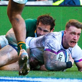 Stuart Hogg notches his second try of the match, which drew him level with Ian Smith and Tony Stanger on the all-time list for Scotland try-scorers.  (Photo by Craig Williamson / SNS Group)