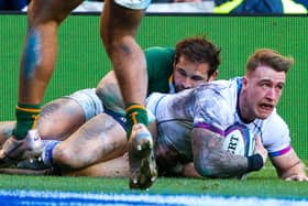 Stuart Hogg notches his second try of the match, which drew him level with Ian Smith and Tony Stanger on the all-time list for Scotland try-scorers.  (Photo by Craig Williamson / SNS Group)