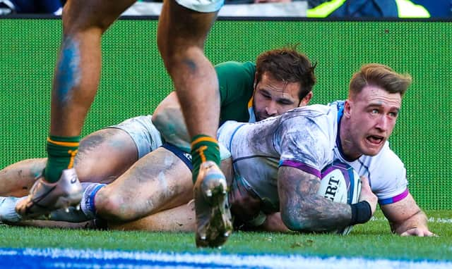 Stuart Hogg notches his second try of the match, which drew him level with Ian Smith and Tony Stanger on the all-time list for Scotland try-scorers.  (Photo by Craig Williamson / SNS Group)