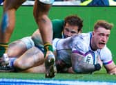 Stuart Hogg notches his second try of the match, which drew him level with Ian Smith and Tony Stanger on the all-time list for Scotland try-scorers.  (Photo by Craig Williamson / SNS Group)