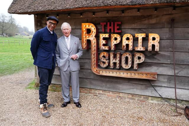 The King, then Prince of Wales and Jay Blades who will appear in a special episode of The Repair Shop as part of the BBC's centenary celebrations. Issue date: Tuesday October 11, 2022.