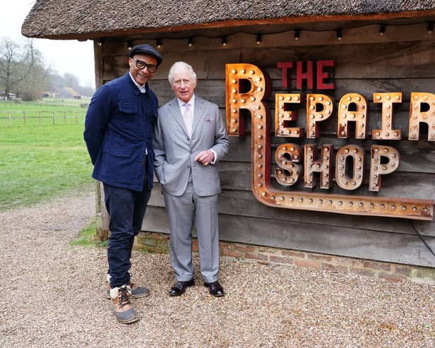 The King, then Prince of Wales and Jay Blades who will appear in a special episode of The Repair Shop as part of the BBC's centenary celebrations. Issue date: Tuesday October 11, 2022.