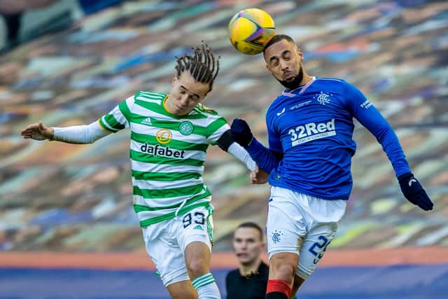 Celtic's Diego Laxalt and Rangers Kemar Roofe in an aerial challenge during the clubs' last derby, at Ibrox in January. (Photo by Craig Williamson / SNS Group)