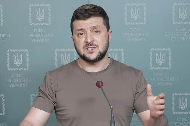 In this image from video provided by the Ukrainian Presidential Press Office, Ukrainian President Volodymyr Zelenskyy speaks from Kyiv, Ukraine, Tuesday night, March 29, 2022. (Ukrainian Presidential Press Office via AP)