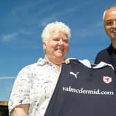 Pictured in 2015, Val McDermid with former manager Ray McKinnon at the unveiling of a Raith Rovers new strip. Picture: SNS