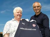 Pictured in 2015, Val McDermid with former manager Ray McKinnon at the unveiling of a Raith Rovers new strip. Picture: SNS