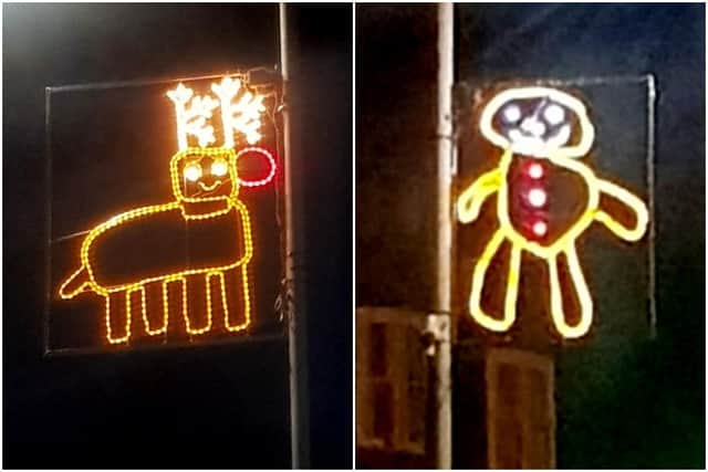 A reindeer and a gingerbread man designed by children who have created Christmas lights in Newburgh, Fife picture: Poppy McKenzie Smith/@GTOpoppy